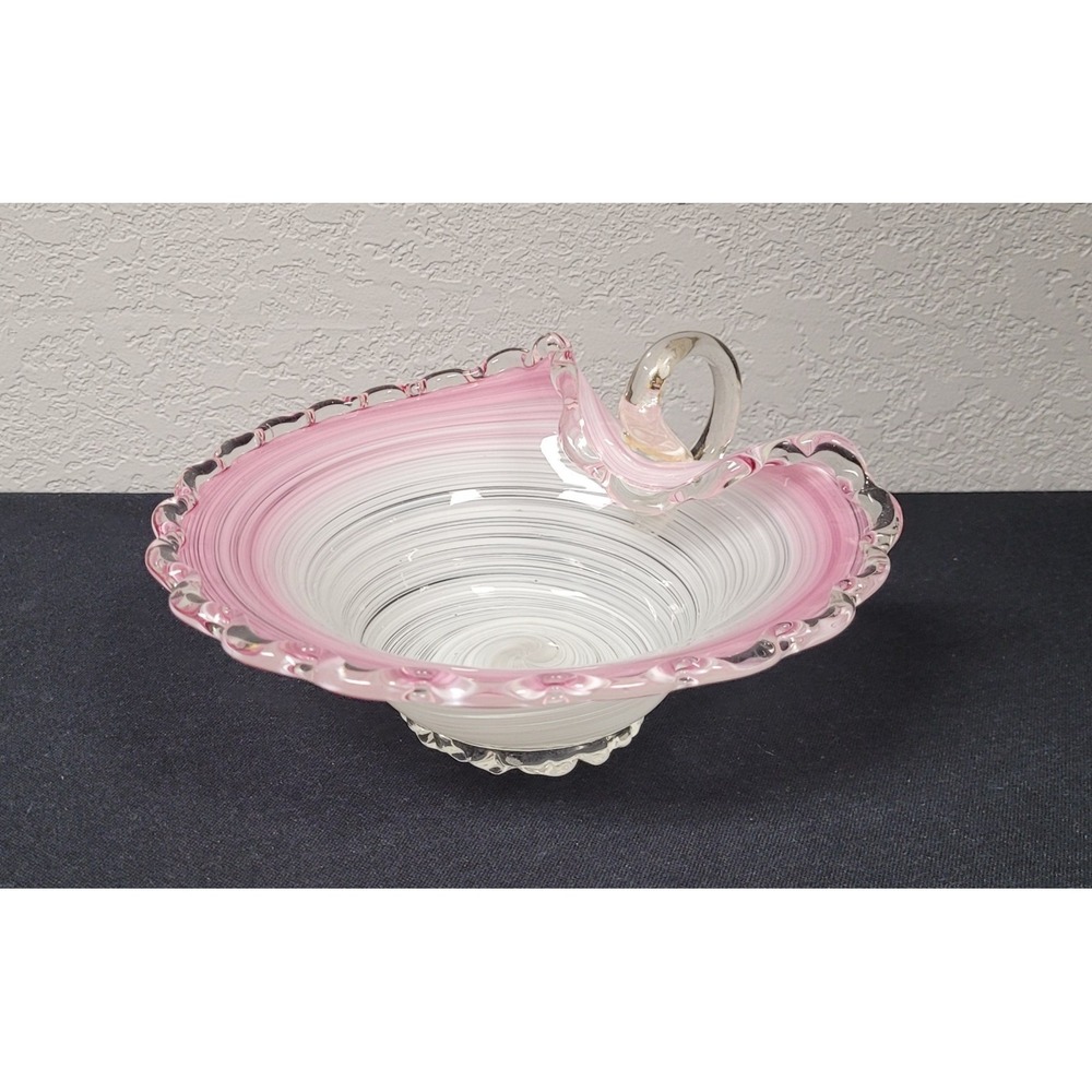 Vintage 1950s/60s Murano Hand-blown Art Glass Nappy Bowl Pink Swirl